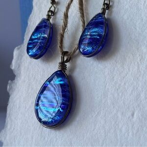Boho Coastal Blue Glass Teardrop Jewelry Set – Artisan Earrings & Pendant